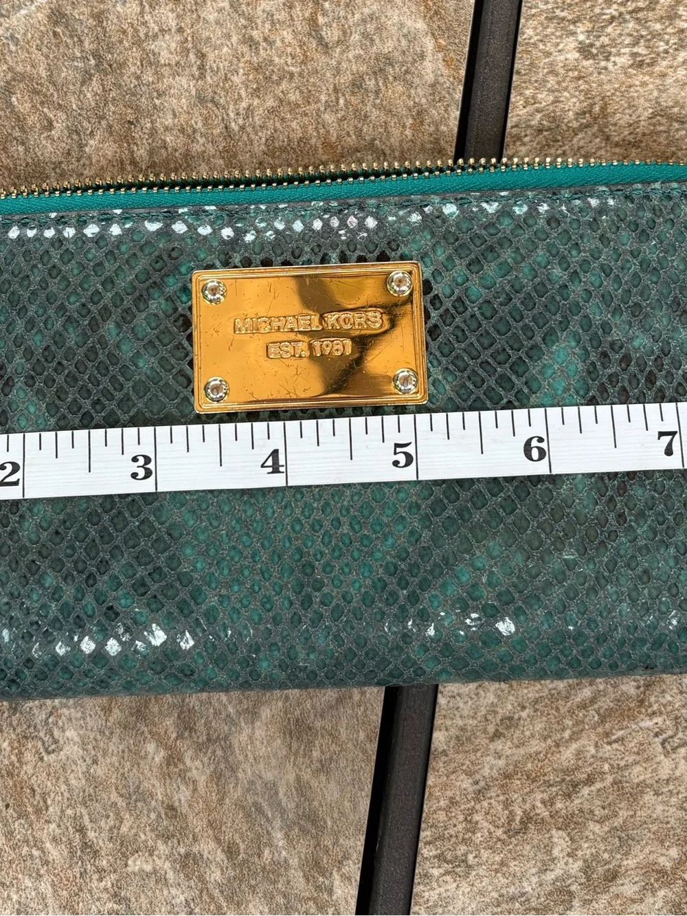 Michael Kors Teal Snake-Embossed Cosmetic Pouch with Gold Plaque